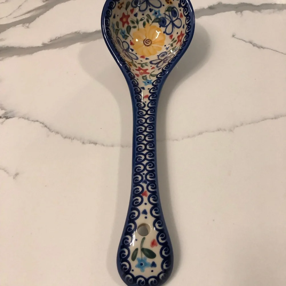 NWT Vena Polish Pottery Hand-Painted Blue Rose Floral Butterfly Ceramic Ladle